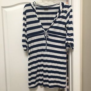 Blue & white striped hooded swimsuit cover up